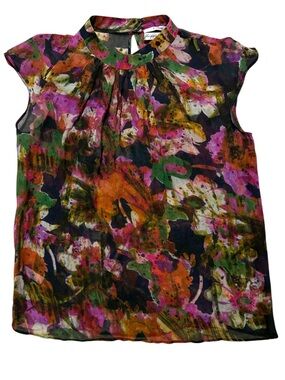 ERDEM Multicolor Floral Silk Cap-Sleeve Top Size 4